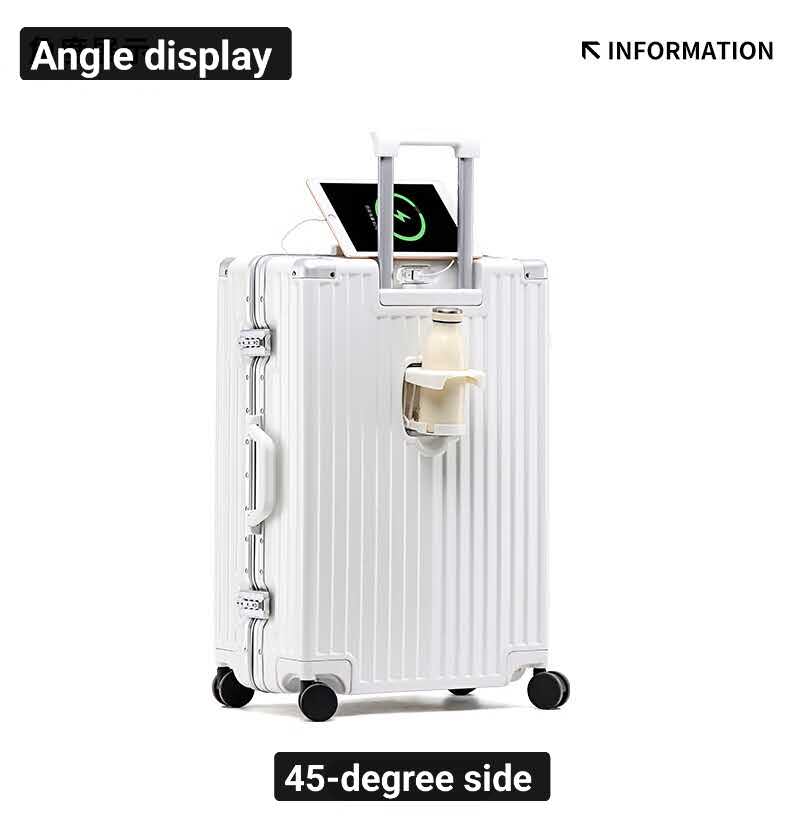 Sturdy and durable high-quality aluminum alloy frame trolley case, thickened travel suitcase, white.