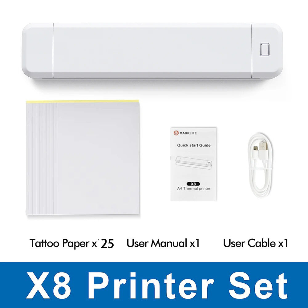 The X8 inkless thermal portable printer supports both tattoo paper and folding paper printing, making it an A4 Bluetooth printer that can be used in one machine.